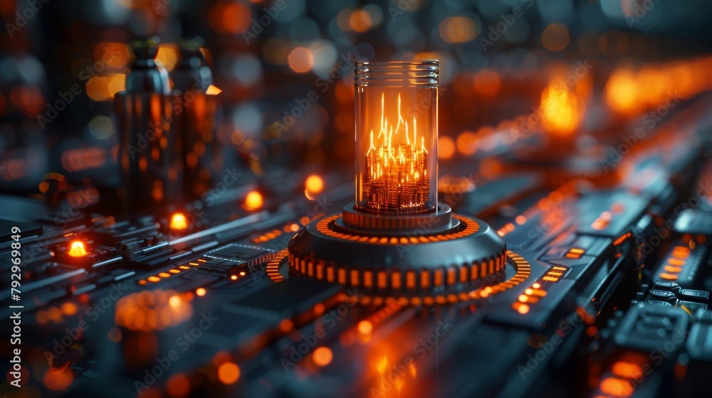 Poster Graphic of device with futuristic candlestick and lighting element depicting online trading or robot trading