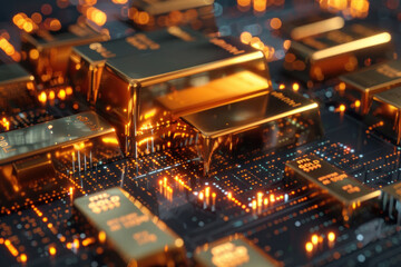 Gold bars on a circuit board representing wealth in the digital age, vivid colors giving an abstract feel