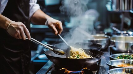 Chef cooking soy noodles in kitchen of restaurant. Traditional Asian food