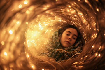 A soothing visualization of a person enveloped in a cocoon of light, using imagery to foster feelings of warmth and safety during times of distress.