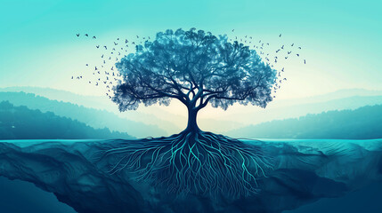 Digital art illustration of tree with roots deep into the earth, symbolizing strength and growth.