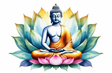 Obraz premium watercolor illustration of buddha statue in lotus pose. meditation, awareness and spirituality.