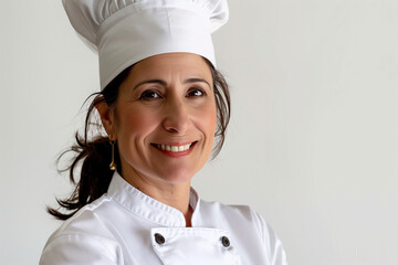 professional portrait capturing the warmth and joy of a female chef or cook, adorned in a professional uniform and hat, against a white background, reflecting her dedication to cre