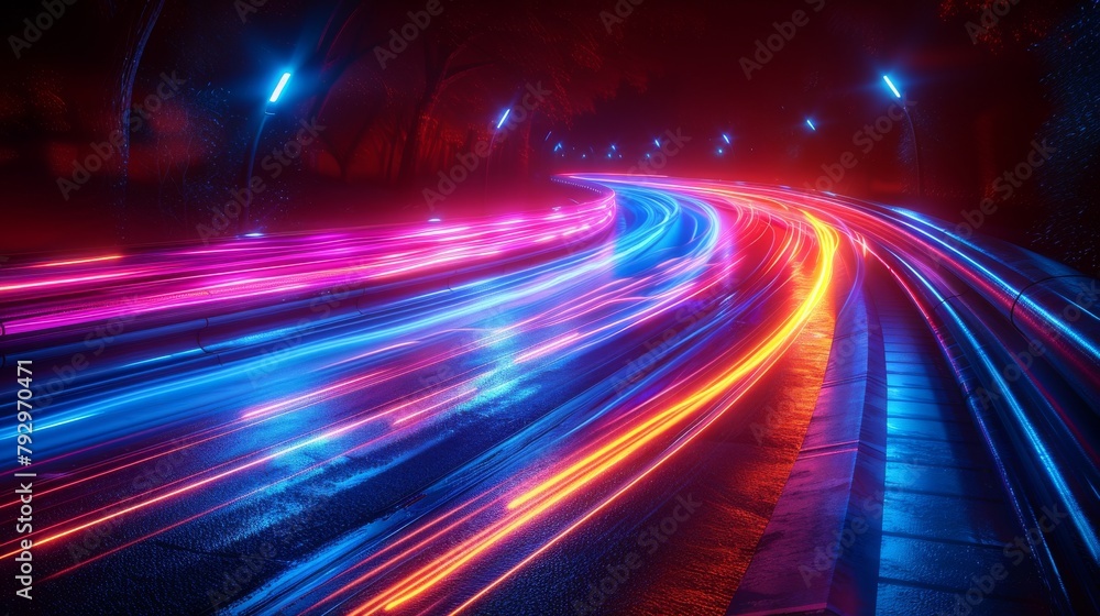 Poster in a futuristic abstract flash perspective, a glowing road light streaks from long exposure is set a