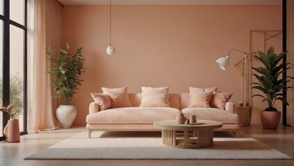 Peachy Serenity, Living Room with Soft Peach Wall, Large White Sofa, Table, and Thoughtful Décor