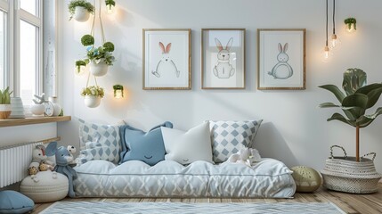 A room with a white wall and a blue couch with a rabbit on it