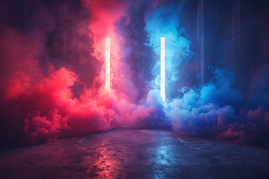  Two red and blue lasers on the right side of an empty dark room, thick smoke in front of them, volumetric lighting creating a foggy, cinematic style. Created with Ai