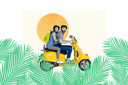 Composite photo collage of excited astonished girl guy wear helmet drive yellow vespa moped tourism palm isolated on painted background