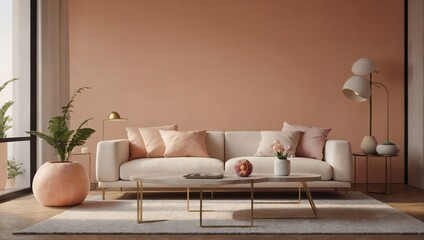 Fototapeta na wymiar Peachy Serenity, Living Room with Soft Peach Wall, Large White Sofa, Table, and Thoughtful Décor