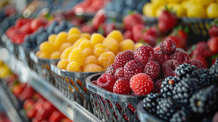 Assorted berries in baskets at a market. - obrazy, fototapety, plakaty
