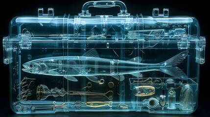 X-ray scan of a fishing tackle box, displaying the hooks, lures, and compartments.