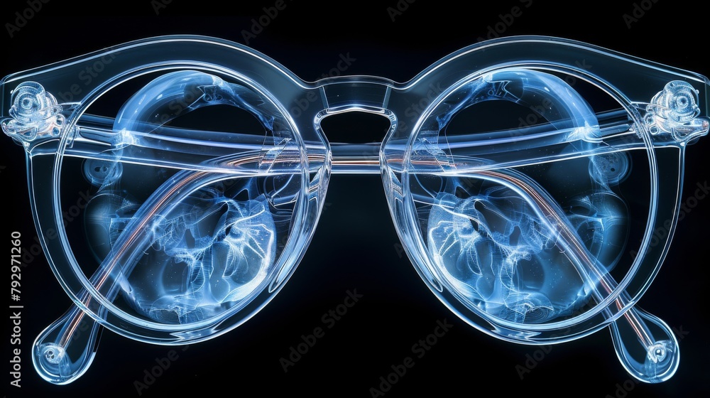 Poster x-ray scan of a pair of glasses, showing the frames and lenses.
