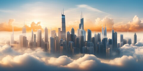 Against the backdrop of the vast sky, the towering buildings of the city command attention, their presence a testament to human ingenuity and achievement. - obrazy, fototapety, plakaty