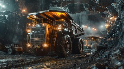 Giant mining trucks in action within the depths of a dark rugged mine