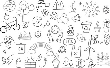 Eco friendly doodle icons set. Hand drawn eco elements. Earth on a human hand. Recycling, solar power, wind power, bicycle, tree, sprout. Green, eco concept.