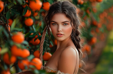Beautiful girl face . Attractive young woman portrait female in the garden of orange tree beauty concept.