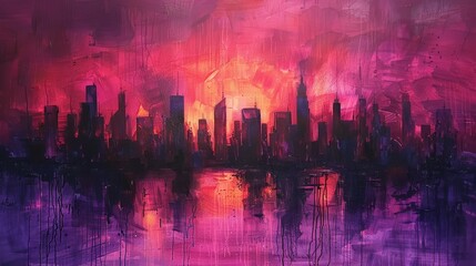 An abstract acrylic painting depicting a vibrant cityscape at sunset with bold purple and red strokes and reflective water.