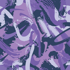 Camouflage modern fashion design. Hand drawn violet camo with brush strokes. Purple shade color, fashionable, fabric. Seamless grunge pattern. Vector	 - 792971627