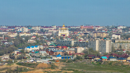 glamping in the form of national yurts of Kalmykia in the vicinity of the capital Elista on a spring day, view from a drone