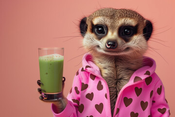 Meerkat in pajamas promoting healthy lifestyle with green smoothie - 792971663