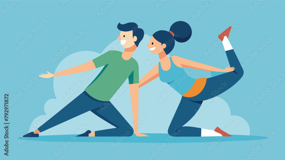Poster in a series of partner stretches and holds the dynamic duo focuses on balance and flexibility while 