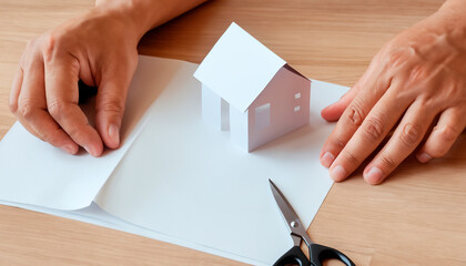 Man has cut out and folded a paper house with his hands and scissors. Problem of housing shortage
