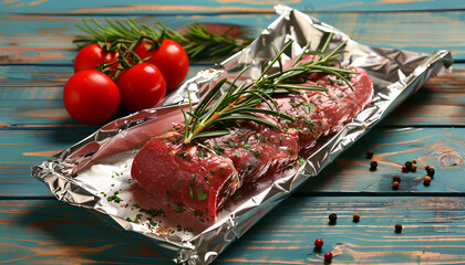 Aluminium foil roll with piece of raw meat, tomatoes, rosemary and spices on color wooden background