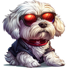 Cool dog put on black glasses on a white Background.