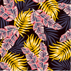 Abstract seamless tropical pattern with bright plants and leaves on a black background. Beautiful seamless vector floral pattern. Hawaiian style. Exotic jungle wallpaper.