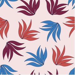Abstract seamless tropical pattern with bright plants and leaves on a pink background. Beautiful seamless vector floral pattern. Tropical botanical.