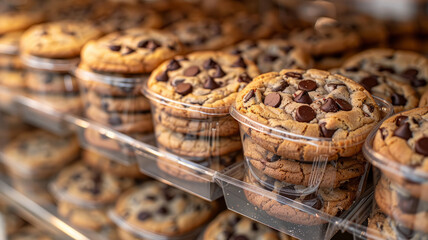 Chocolate chip cookies in clear plastic containers - obrazy, fototapety, plakaty