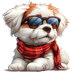 Cool dog put on black glasses on a white Background.