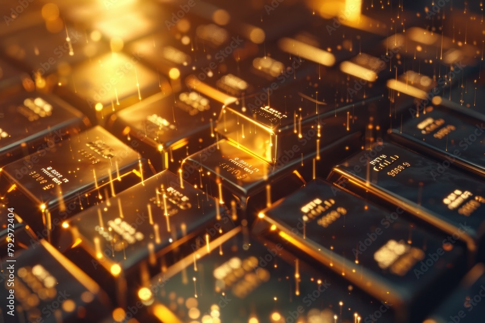 Poster a detailed golden microchip pattern with a focus on the circuitry and technology concept, glowing wi