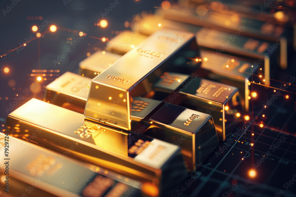 Poster golden bars with reflections on them in the foreground, digital financial trading data in the blur, 