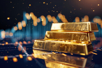 Illustration of stacked gold bars set against a blue technology-themed background with digital elements