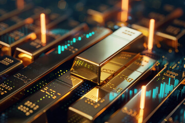 Close-up view of exquisite gold ingots laid over a sci-fi-like digital trading data visualization