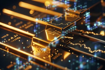 Circuit board with a futuristic golden aesthetic, prominently featuring connections and data paths illuminated