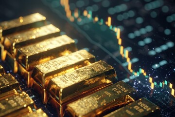 Shiny gold bars are displayed on an electronic market data chart, highlighting the concept of financial growth