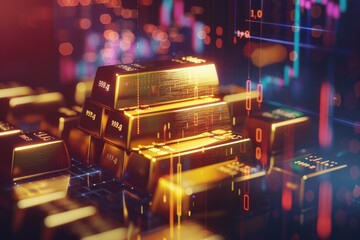 Striking shot of golden bullion bars on a dynamic and colorful digital financial chart background