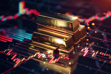 Dramatic digital representation of fluctuating stock market graph with foreground of stacked gold bars
