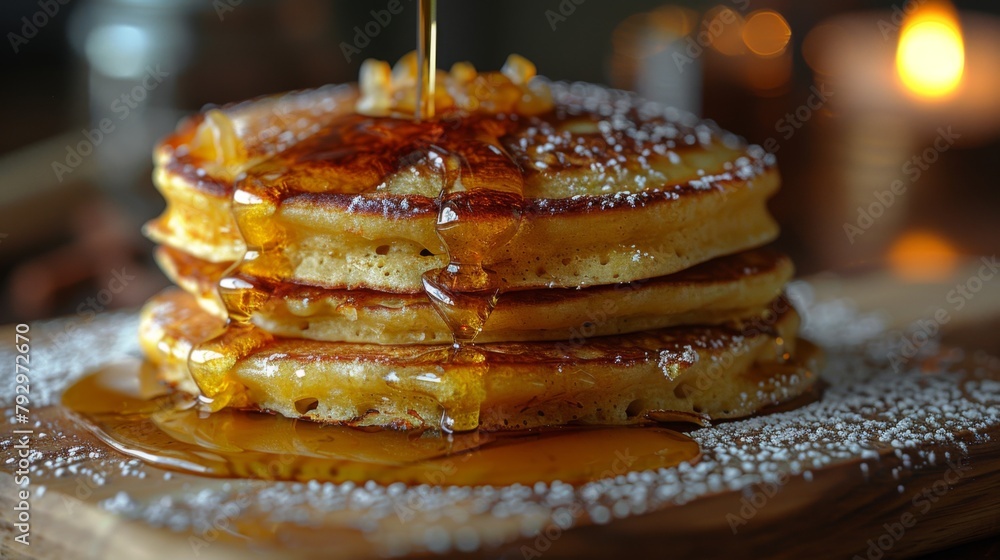 Poster zoom in on a stack of fluffy pancakes dripping with maple syrup, capturing the golden-brown edges an