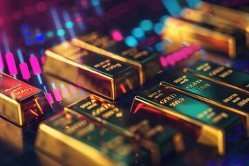 Close up of gold bars artfully contrasted on a technology-inspired, digitalized background
