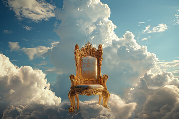 Luxury royal gold king queen throne in clouds sky