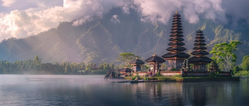 Visiting the temple in Bali, Indonesia, called Pura Ulun Danu Bratan.