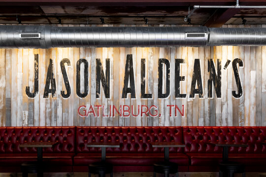 Gatlinburg, TN, USA - April 14, 2027: Jason Aldean's Kitchen and Rooftop Bar is the country music singer's club in downtown Gatlinburg as a sequal to his successful Nashville location.