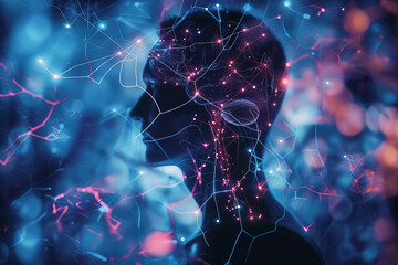 An animated graphic overlay of the nervous system superimposed on a person's silhouette, illustrating neural pathways and brain functions.