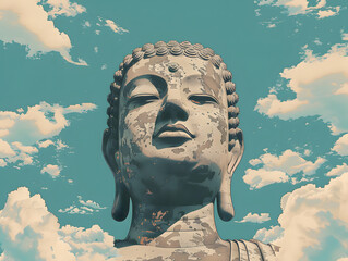 A Buddha statue stands tall against a blue sky with white clouds.