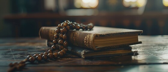 On the wooden table are religion book and rosary beads - obrazy, fototapety, plakaty