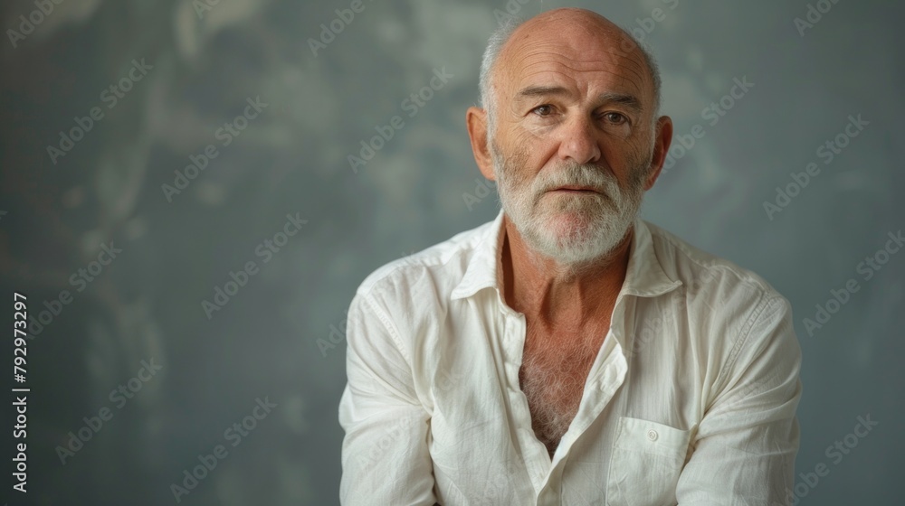 Wall mural senior man with public speaker gesture. fingers connected at fingertips, pose which imposes power an