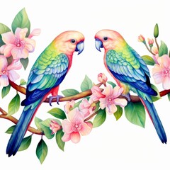 A pair of lovebirds perched on a watercolor floral branch, beaks touching softly, colorful watercolor art, isolate on white background